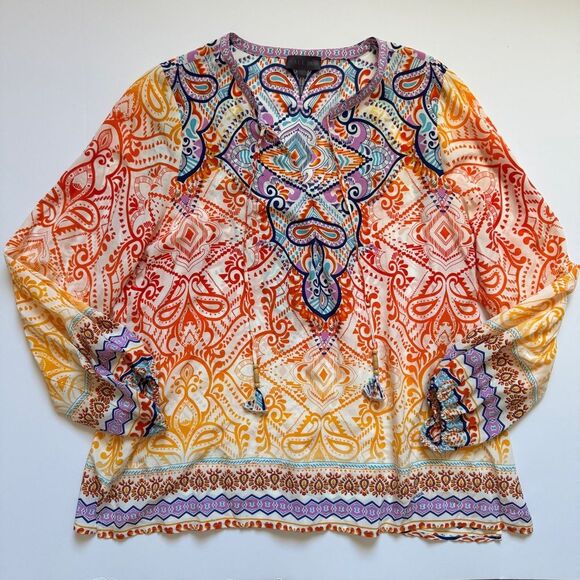 Hale Bob Jolie Bohemian Multicolor Summer Silk Blouse Size Large - Picture 1 of 6